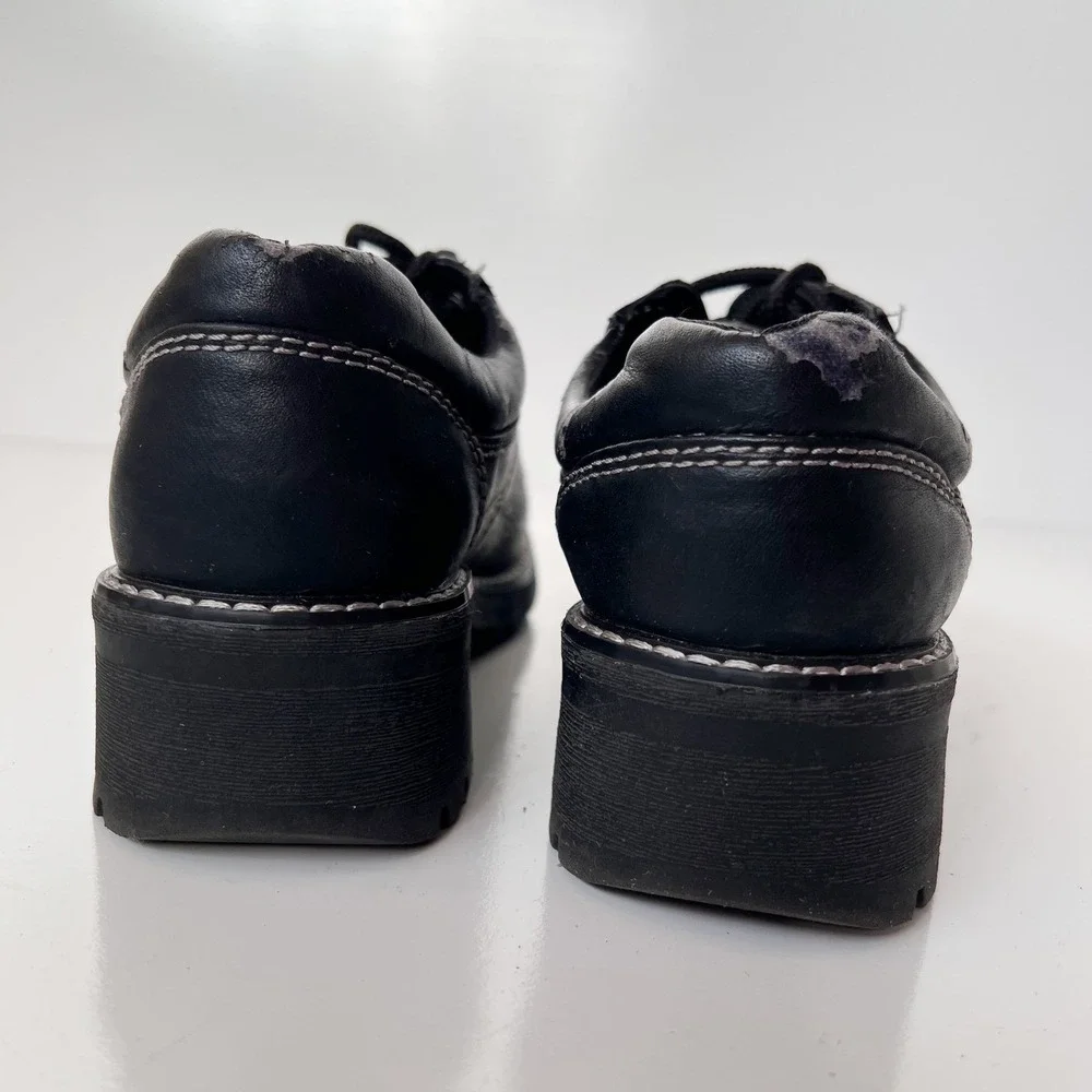 Vintage 90s Chunky Black Lace Up Oxford Shoes Women Size 6.5 Faux Leather Preppy